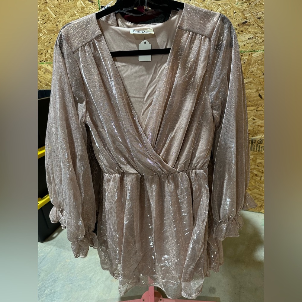 Shimmery Dusty Pink V Neck Longsleeve Dress